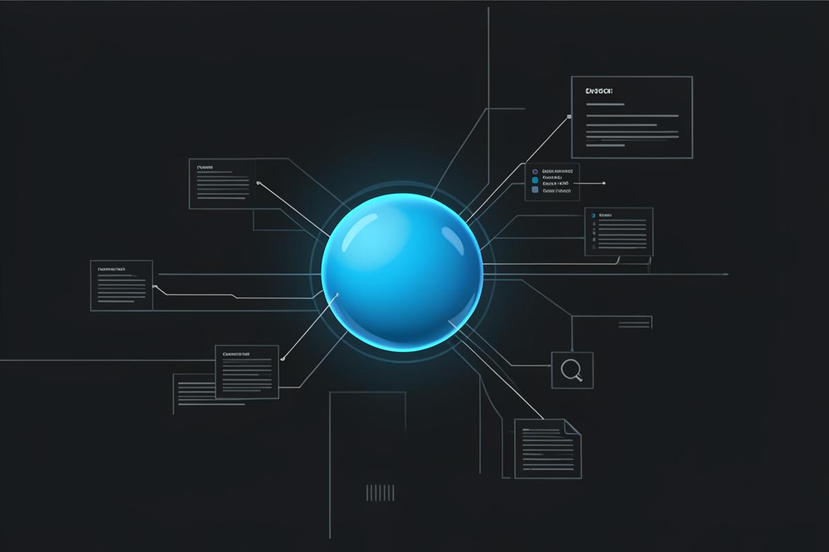 A glowing blue sphere fed by structured streams of context documents